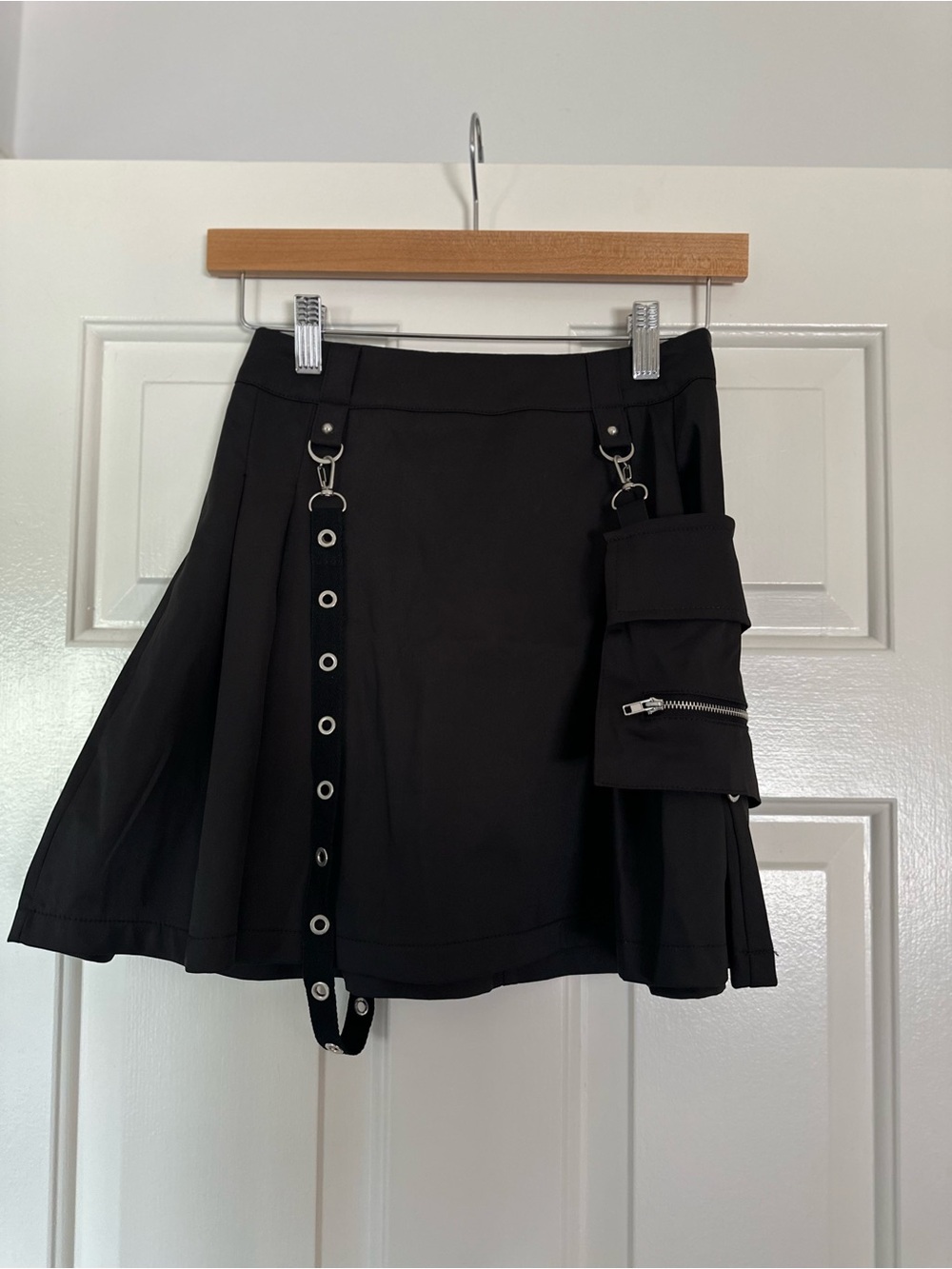 Punk Goth Emo Skater Black Utility Pleated  Mini Skirt